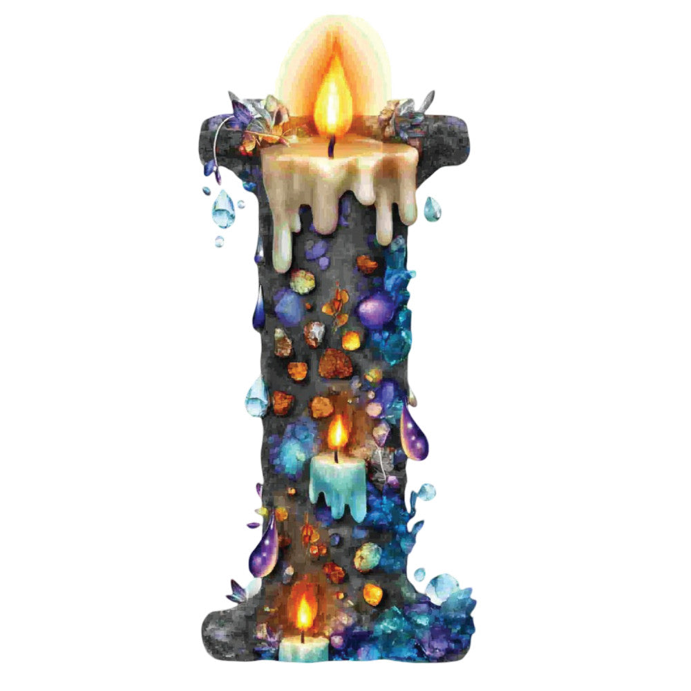 mystical candle, fantasy, celestial, magical, glowing flame, jewel tones, deep purple, sapphire blue, amber orange, gold, dark teal, iridescent, gemstones, crystals, witchy, enchanted, whimsical, gothic, dark fantasy, ethereal, luminous, dripping wax, fire, sparkle, mystique, supernatural, moody, decorative panel, wall art, dark academia
