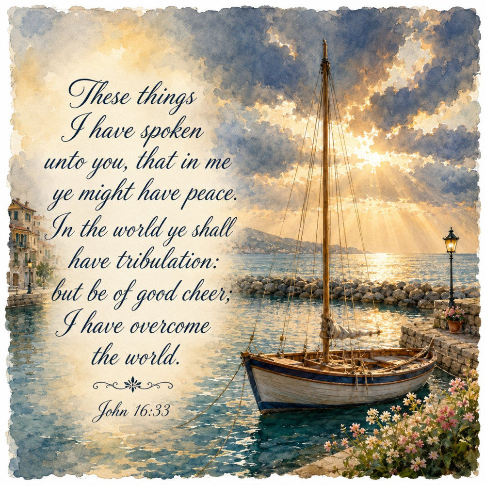 nautical, coastal, sailboat, ocean, sea, religious, inspirational, scripture, john 16:33, peaceful, serene, tranquil, turquoise, cream, golden yellow, soft blue, gray blue, vintage, elegant, traditional, harbor, mediterranean, floral, pink flowers, white flowers, lamp post, architecture, spiritual, faith-based, prayer
