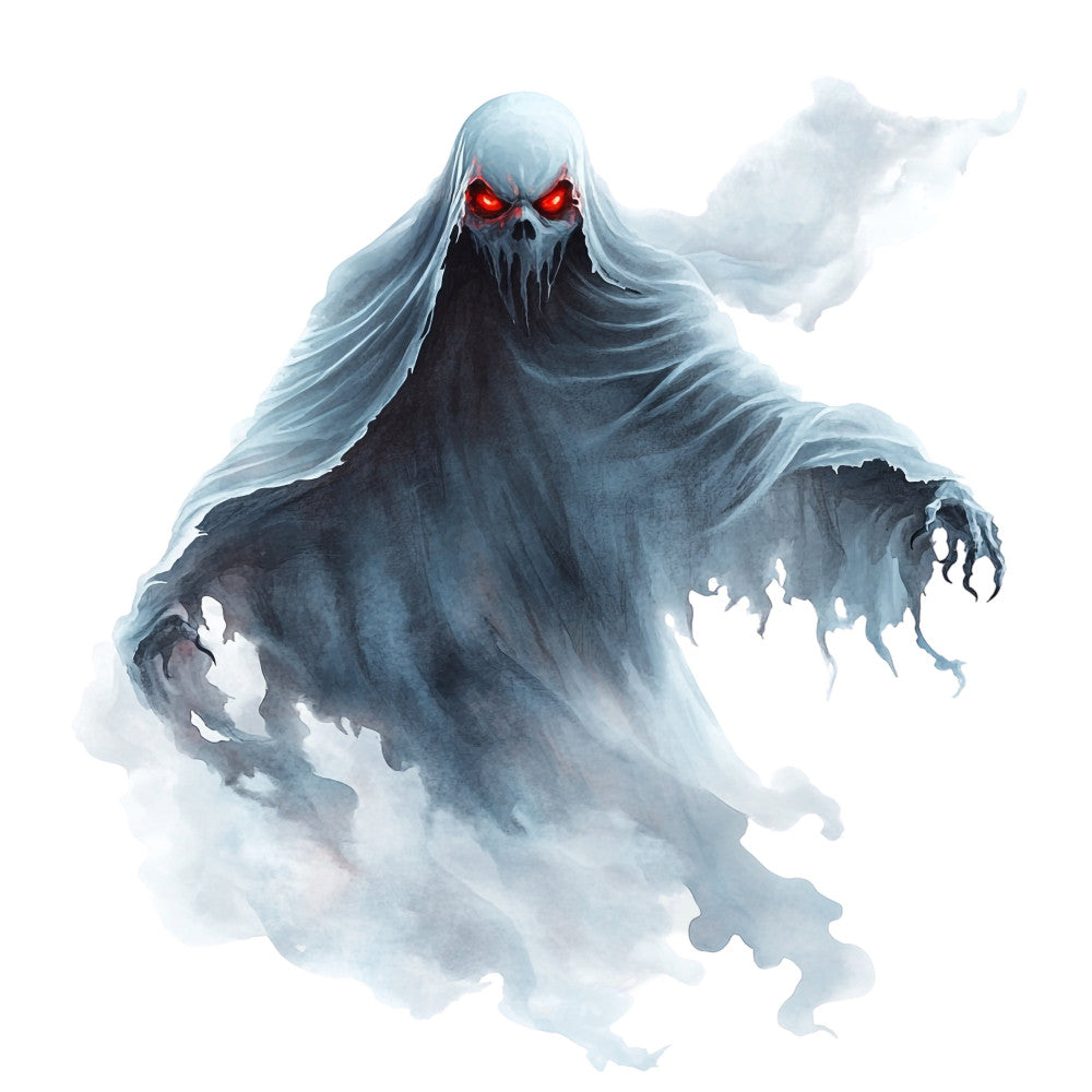 ghost, skeleton, skull, white, light blue, pale blue, gray, charcoal, red eyes, glowing eyes, supernatural, spooky, halloween, eerie, creepy, dark fantasy, horror, mystical, ethereal, winter, frost, fog, mist, transparent, spectral, otherworldly, evil, menacing, gothic, wall hanging