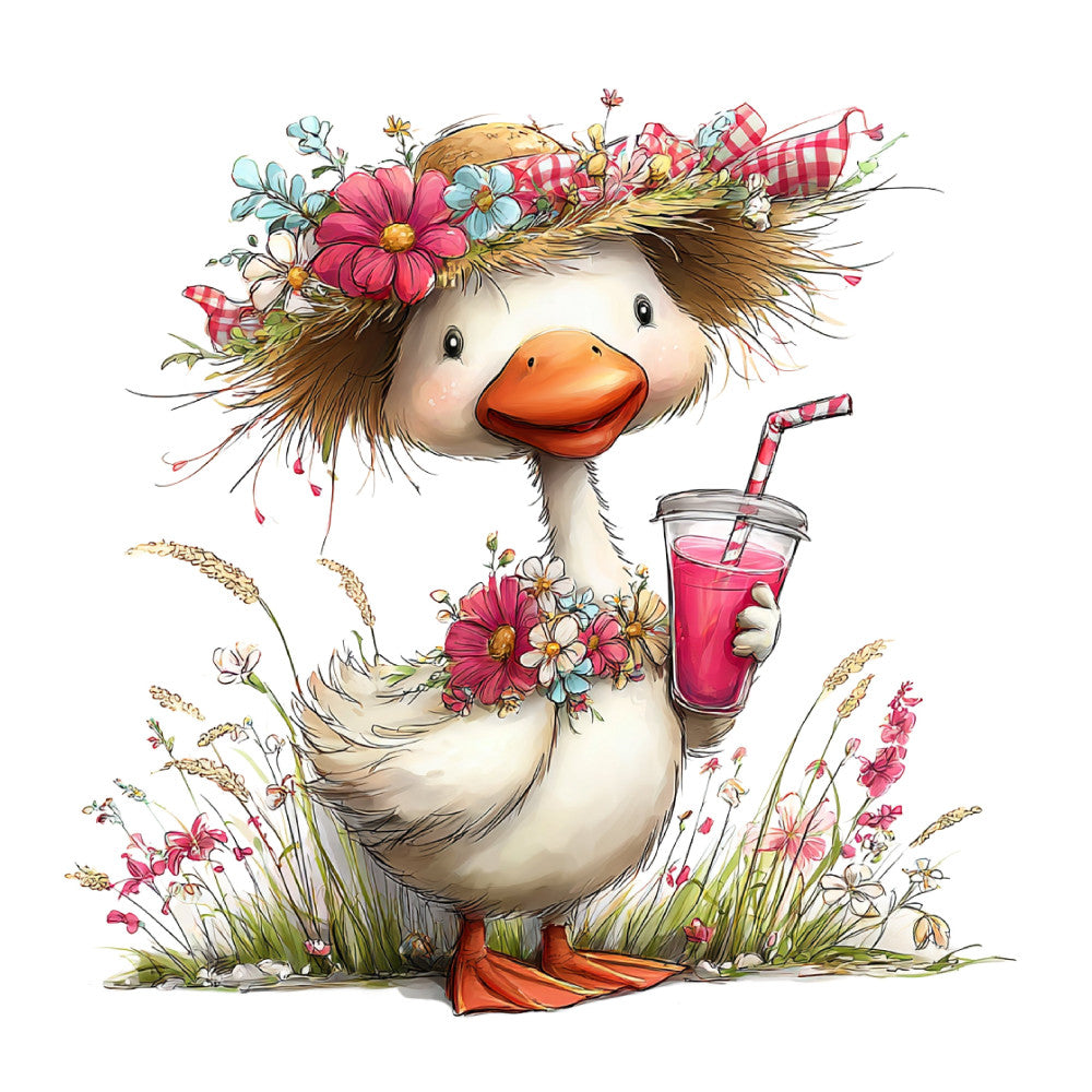 cute duck, whimsical, spring, floral, pink flowers, blue flowers, yellow flowers, daisy, cosmos, gingham check, red orange bill, animal, farmhouse, cottage core, cheerful, children, baby, nature, wildflowers, pastoral, sweet, decorative, folk art, botanical, garden themed, soft colors, cream white, coral pink, sky blue, rustic charm
