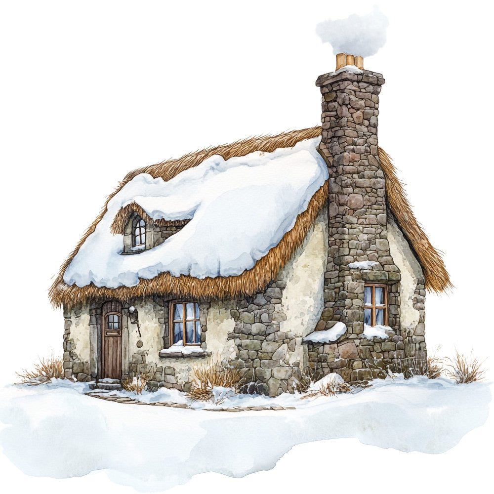 winter cottage, thatched roof, stone chimney, snow covered, cream walls, brown thatch, gray stones, white snow, cozy home, fabric panel, quilting cotton, scottish cottage, winter scene, rustic dwelling, countryside home, watercolor style, seasonal design, architectural motif, storybook house, chimney smoke