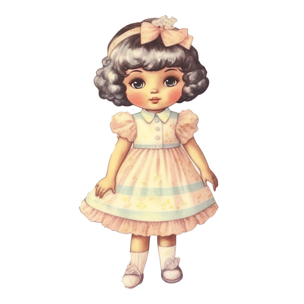 vintage doll, retro girl, pastel pink, cream, soft yellow, pale blue, nostalgic, whimsical, cute character, doll face, children's, nursery, baby girl, 1950s style, sweet, charming, classic doll, collectible, decorative panel, puffed sleeves, ribbon bow, mary jane shoes, curly hair, traditional, timeless, illustration, character fabric, girl's apparel, nursery decor
