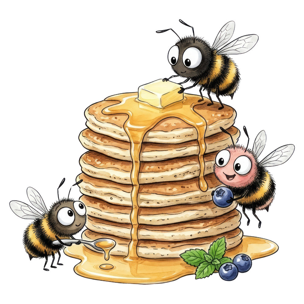 honey bee, bees, pancakes, blueberries, whimsical, children's, kids, animal, nature, yellow, gold, brown, cream, pink, black, spring, summer, cute, playful, cartoon, illustrated, food, breakfast, berries, butter, maple syrup, baby quilt, nursery, storybook, charming