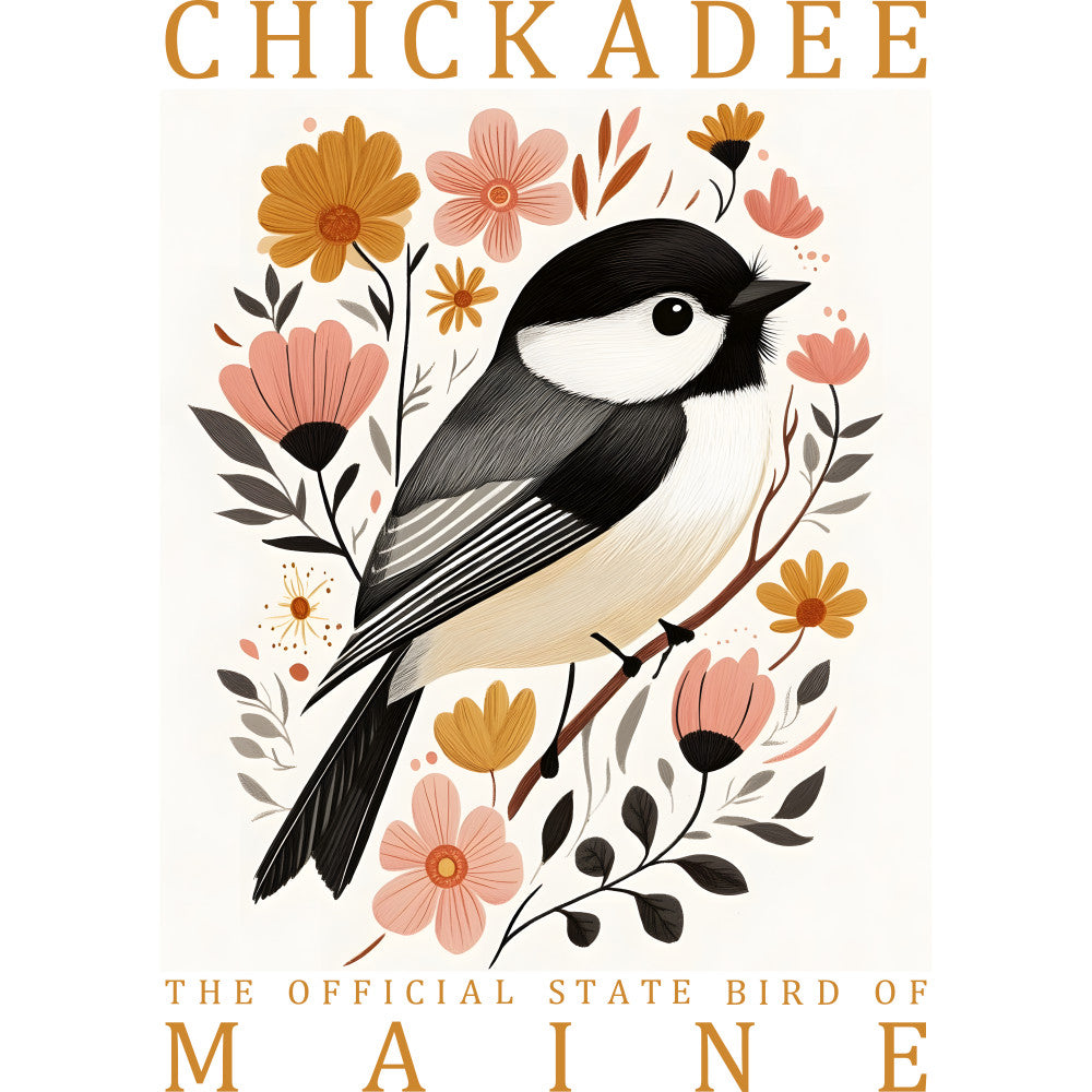 chickadee, state bird, maine, bird illustration, floral design, coral pink, mustard yellow, black and white, botanical elements, folk art style, fabric panel, quilting cotton, nature theme, songbird, decorative flowers, whimsical art, craft project, sewing panel, bird motif, spring colors