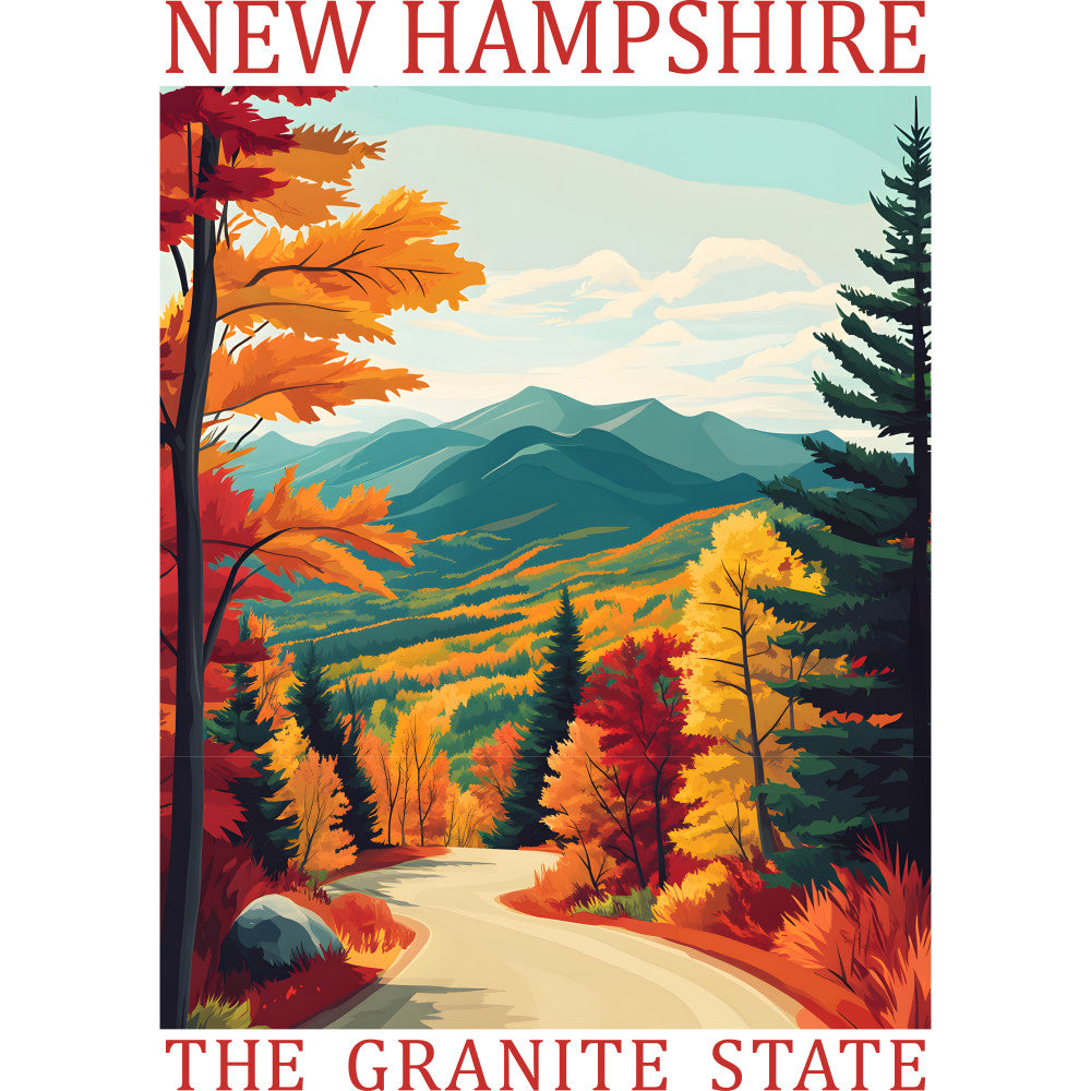 fabric panel, new hampshire, granite state, autumn foliage, fall colors, orange leaves, red maple, yellow trees, mountain landscape, winding road, evergreen trees, pine trees, rolling hills, scenic vista, nature scene, quilting cotton, travel poster style, vintage illustration, seasonal design, countryside path