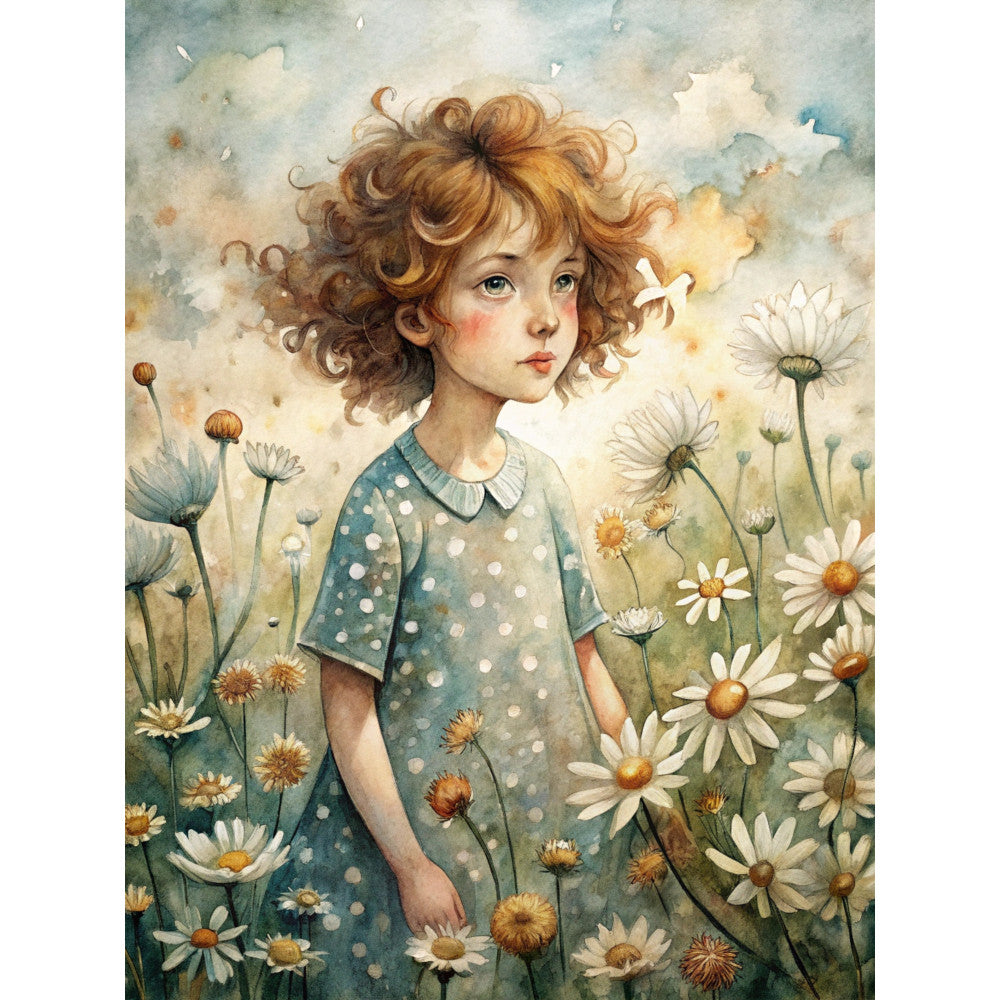 watercolor style, young girl, curly brown hair, blue polka dot dress, white collar, daisies, wildflowers, meadow scene, soft pastels, whimsical illustration, children's fabric, quilting panel, cotton fabric, spring flowers, dreamy atmosphere, storybook art, floral field, vintage inspired, soft blues, creamy whites