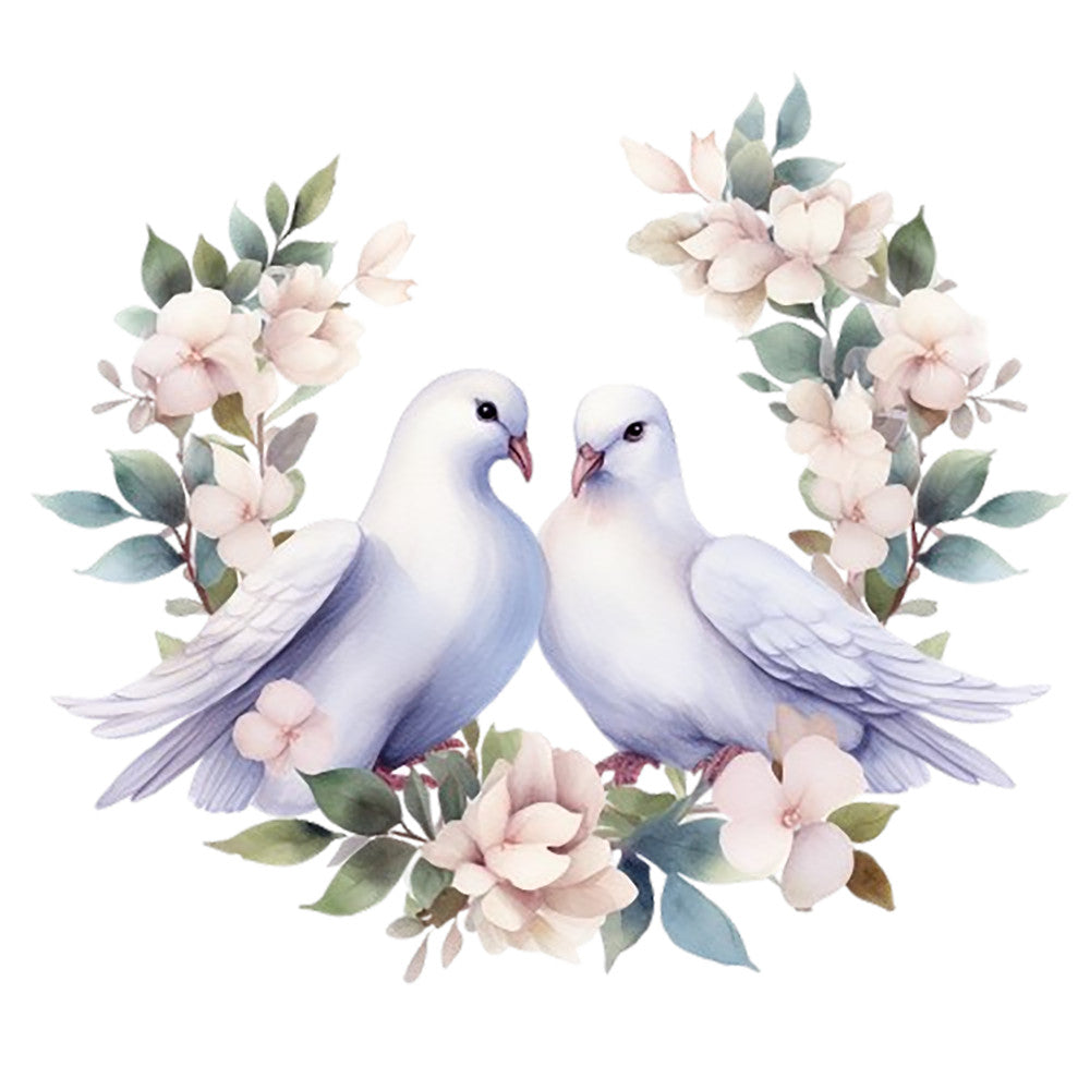 Spring White Doves Fabric Panel 12 featuring two white doves surrounded by soft pink flowers and green leaves on premium quilting cotton.