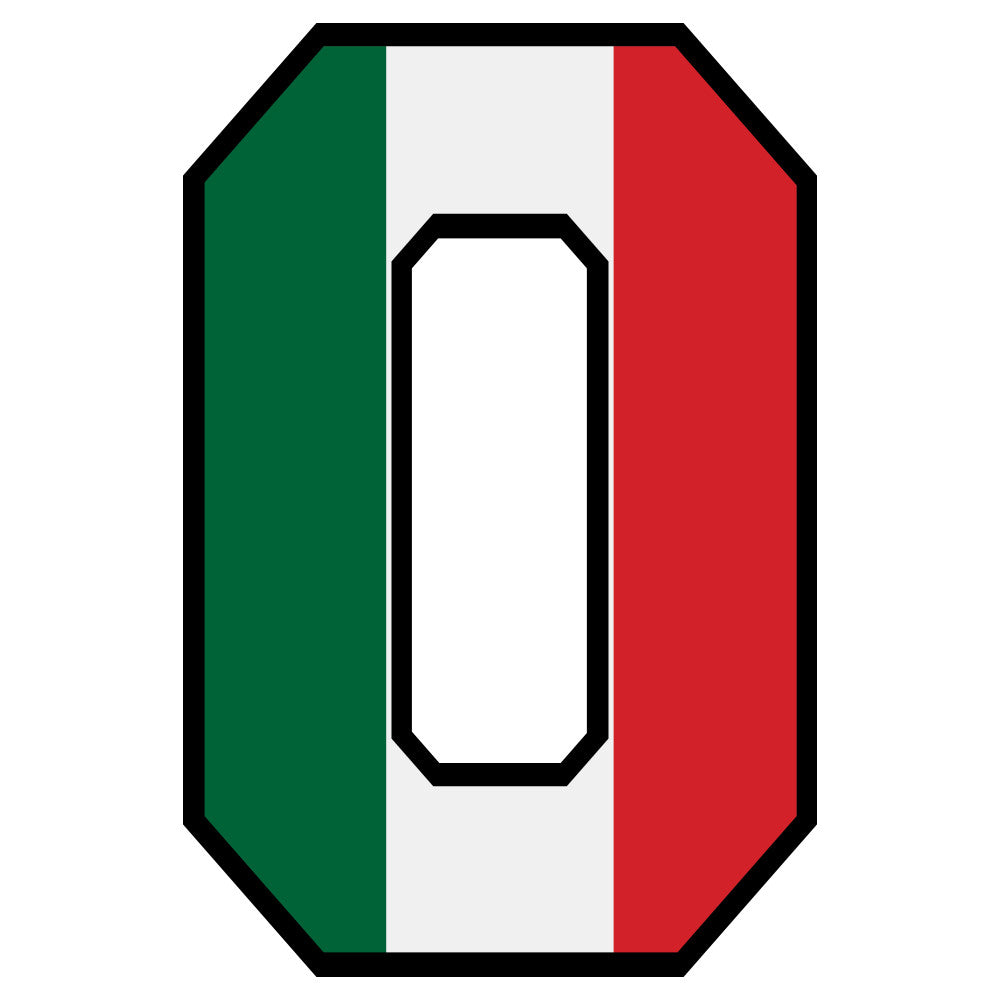 green, white, red, mexican flag colors, letter o, alphabet design, patriotic, national colors, octagonal shape, geometric border, fabric panel, quilting cotton, educational, learning material, tricolor pattern, bold lettering, crafting supplies, sewing project, children's fabric, bright colors