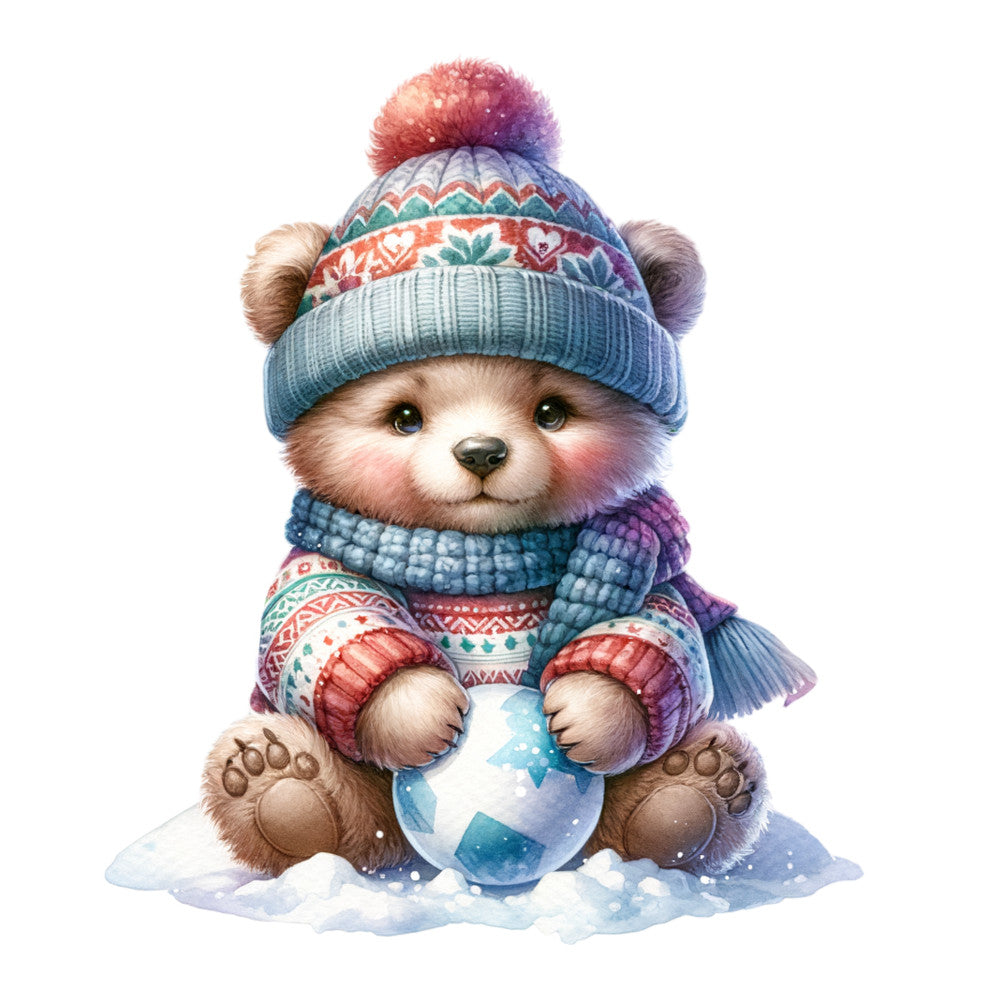 bear cub, winter clothing, knit hat, pom pom, scarf, mittens, snowball, pastel colors, teal blue, coral pink, purple accents, fair isle pattern, geometric designs, cute animal, sitting pose, snowy background, watercolor style, whimsical art, fabric panel, quilting cotton, winter theme, cozy sweater