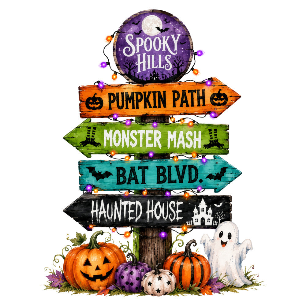 halloween, spooky, pumpkin, ghost, bat, haunted house, monster, autumn, fall, orange, purple, green, teal, black, directional sign, whimsical, festive, holiday, trick-or-treat, jack-o-lantern, seasonal, october, creepy, fun, children's, decorative, wall hanging, home decor, novelty print