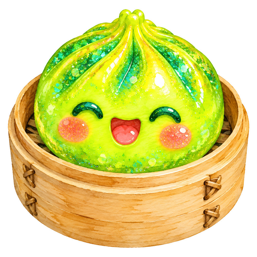 lime green, yellow-green, chartreuse, coral pink, red, glitter, sparkly, shiny, cute face, kawaii, character, whimsical, playful, children, kids, food, asian cuisine, dumpling, dim sum, steamed bun, nature, spring, summer, modern, fun, cheerful, happy, glossy finish, dimensional, festive