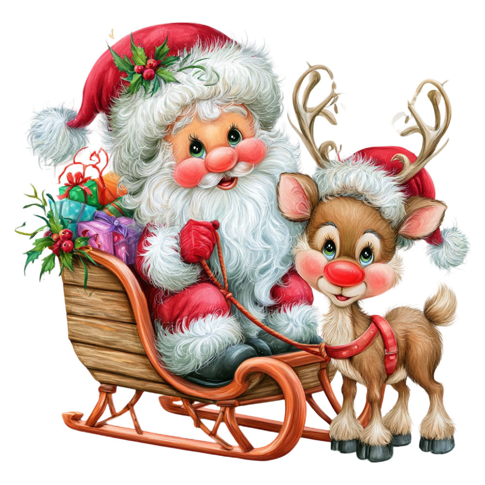 santa claus, reindeer, christmas, holiday, red, white, cream, gold, green, festive, whimsical, vintage, jolly, gift box, sleigh, nostalgic, traditional, decorative, seasonal, winter, celebration, children's, playful, cute animals, retro style, christmas morning, gift giving, family friendly, warmth, joy