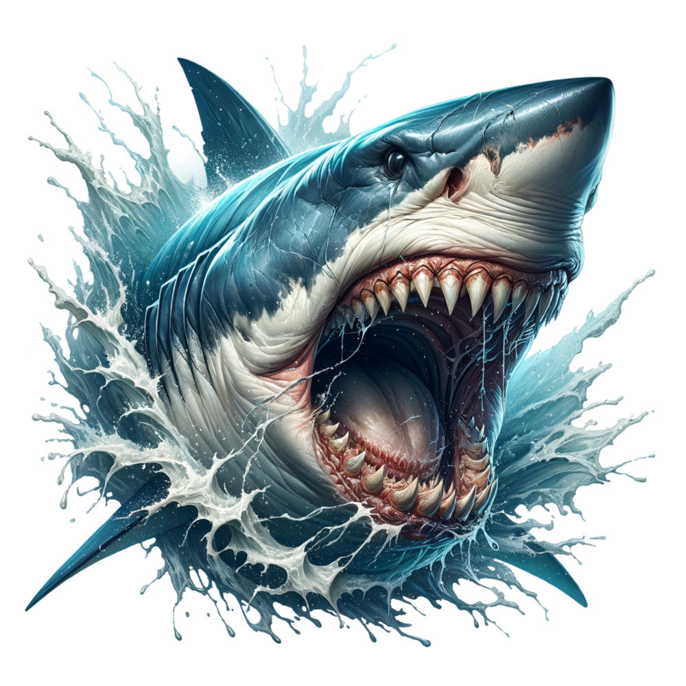 shark, angry shark, ocean predator, teal blue, navy blue, white belly, water splash, open jaws, sharp teeth, fierce expression, marine animal, sea creature, fabric panel, quilting cotton, realistic artwork, dramatic mood, ocean theme, aquatic design, wildlife print, bold graphics