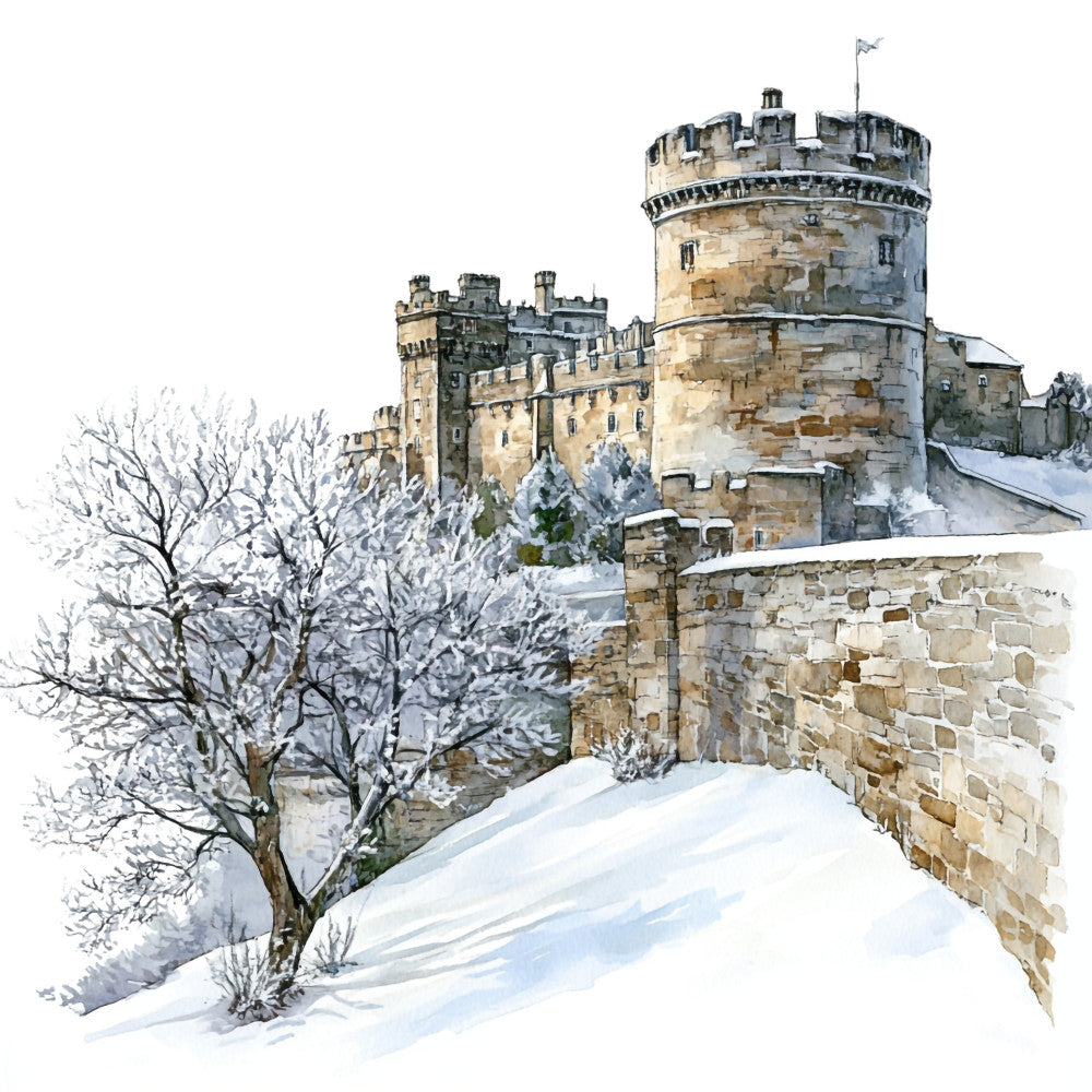 winter scene, medieval castle, stone fortress, snow covered, bare trees, watercolor style, muted tones, beige stonework, gray shadows, white snow, fabric panel, quilting cotton, scottish architecture, fortress walls, round tower, winter landscape, scenic print, historical building, cold weather, architectural details