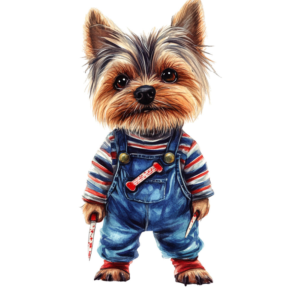 dog, yorkshire terrier, puppy, animals, cute, whimsical, playful, navy blue, red, white, striped, denim, overalls, character, novelty, children's, kids, baby, humorous, fun, dressed up, clothing, portrait, illustration, character panel, decorative, cotton print