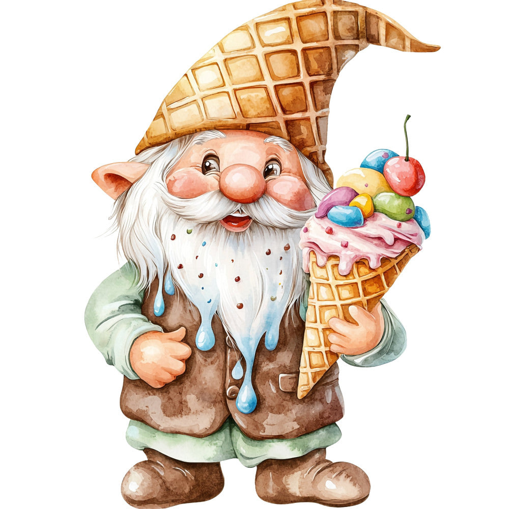 gnome, ice cream cone, whimsical, fantasy, magical, candy colors, pastel pink, cream white, sage green, chocolate brown, tan, colorful candy, cherry red, yellow, purple, blue, garden gnome, children's, playful, storybook, illustration, vintage style, fairytale, sweet treats, dessert theme, novelty, character, cottagecore, quirky, fun