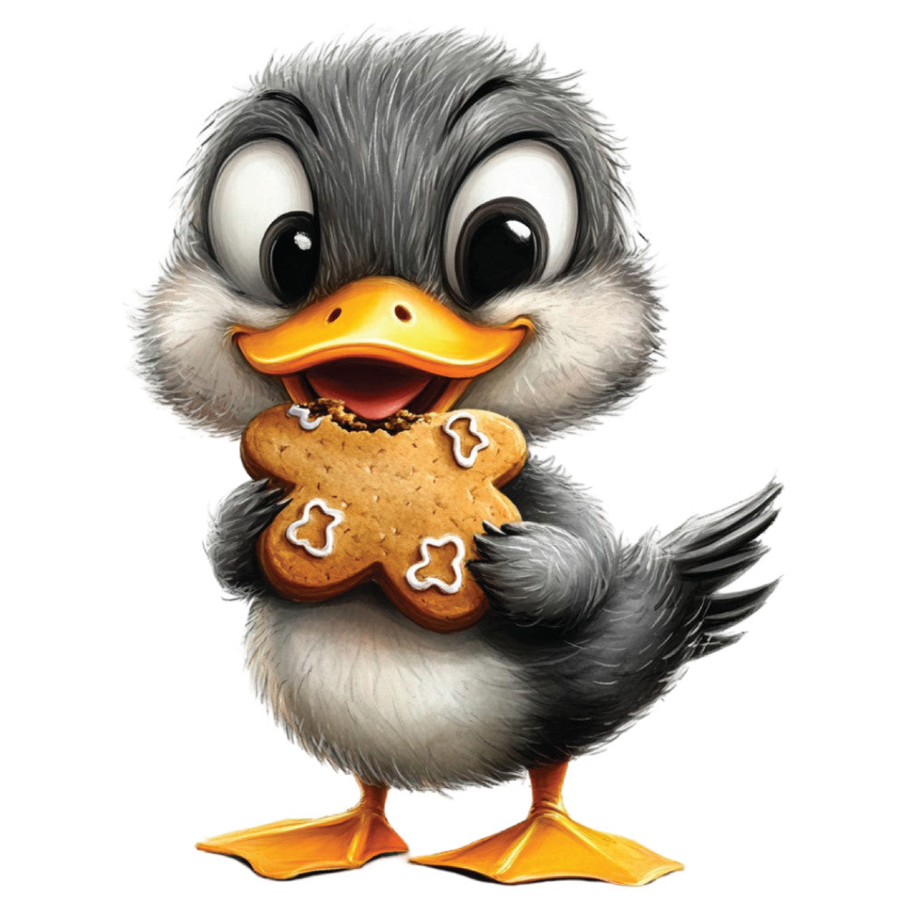 whimsical duck, baby duckling, gray feathers, orange beak, orange webbed feet, gingerbread cookie, large black eyes, fluffy texture, cartoon style, adorable character, fabric panel, quilting cotton, nursery theme, cute animal, soft colors, cream background, playful design, children's fabric, baby quilt, charming illustration