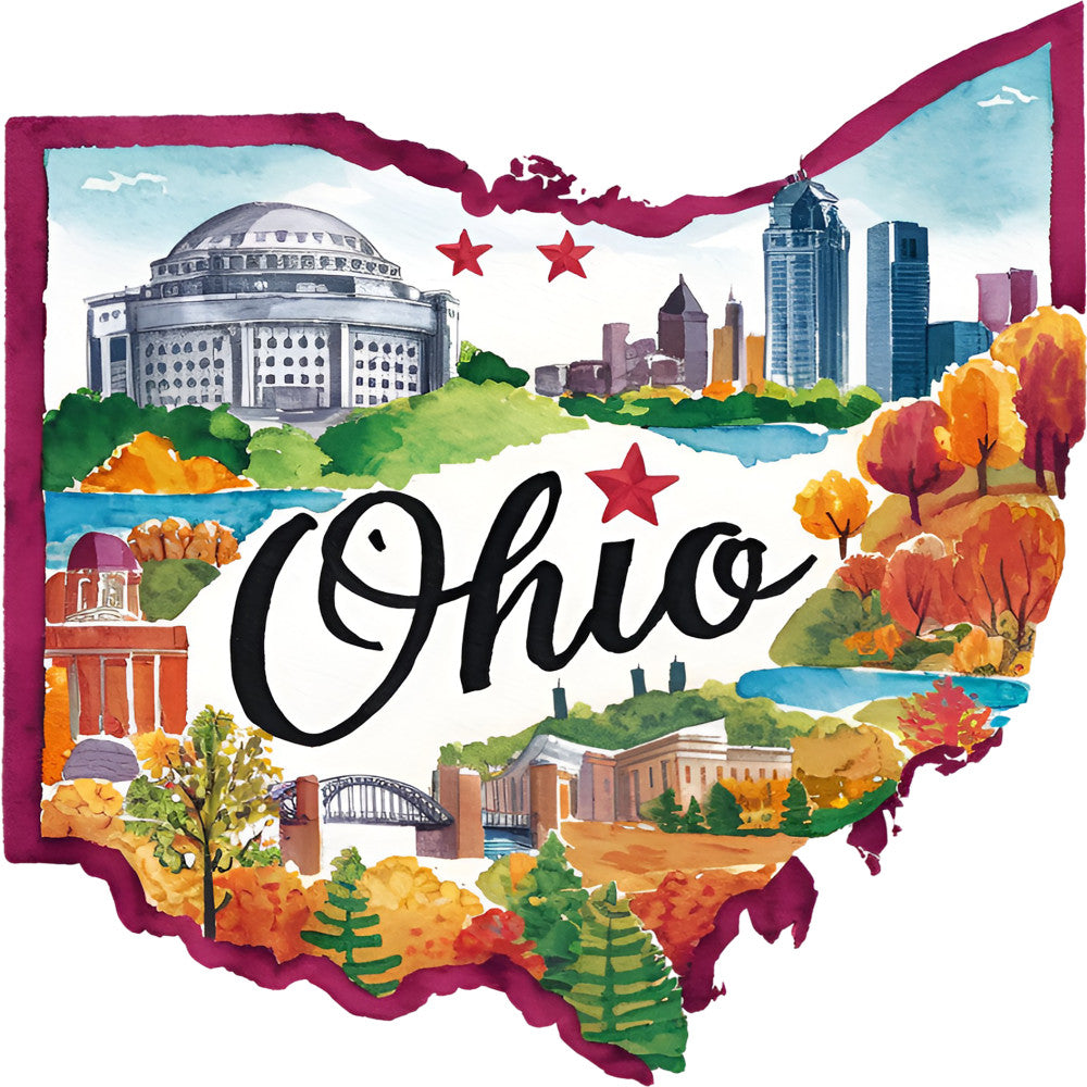 Classic US States Fabric Panel 39 featuring Ohio state landmarks and autumn scenery on premium quilting cotton.