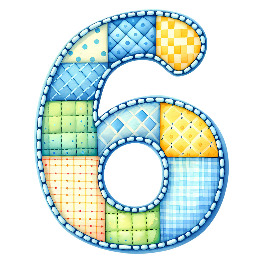 number 6, quilted number, children's fabric, kids fabric, educational, playful, whimsical, sky blue, bright yellow, lime green, coral orange, pastel colors, checkered pattern, polka dots, quilted texture, geometric design, cross-stitch pattern, patchwork, colorful blocks, counting fabric, learning theme, nursery, baby quilt, toddler, classroom, playroom, modern style, charming, cute, cheerful
