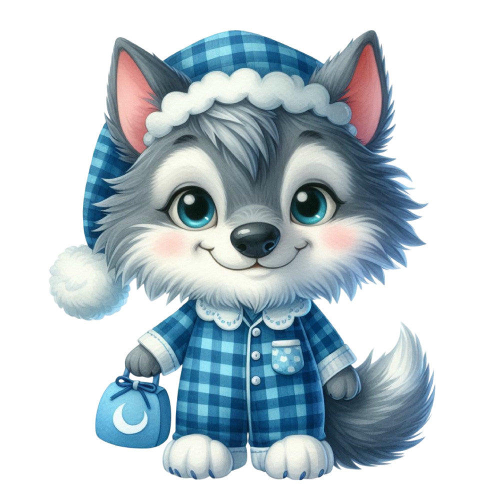 cute cat, anthropomorphic animal, blue plaid, gingham pattern, checkered fabric, pajama cat, sleeping cat, nighttime theme, whimsical character, children's design, baby fabric, nursery decor, flannel pattern, cozy aesthetic, winter clothing, bedtime story, moon motif, night cap, fluffy fur, gray and white, powder blue, turquoise eyes, sweet expression, character panel, playful design, animal character, cartoon style, soft colors, child-friendly, storybook illustration