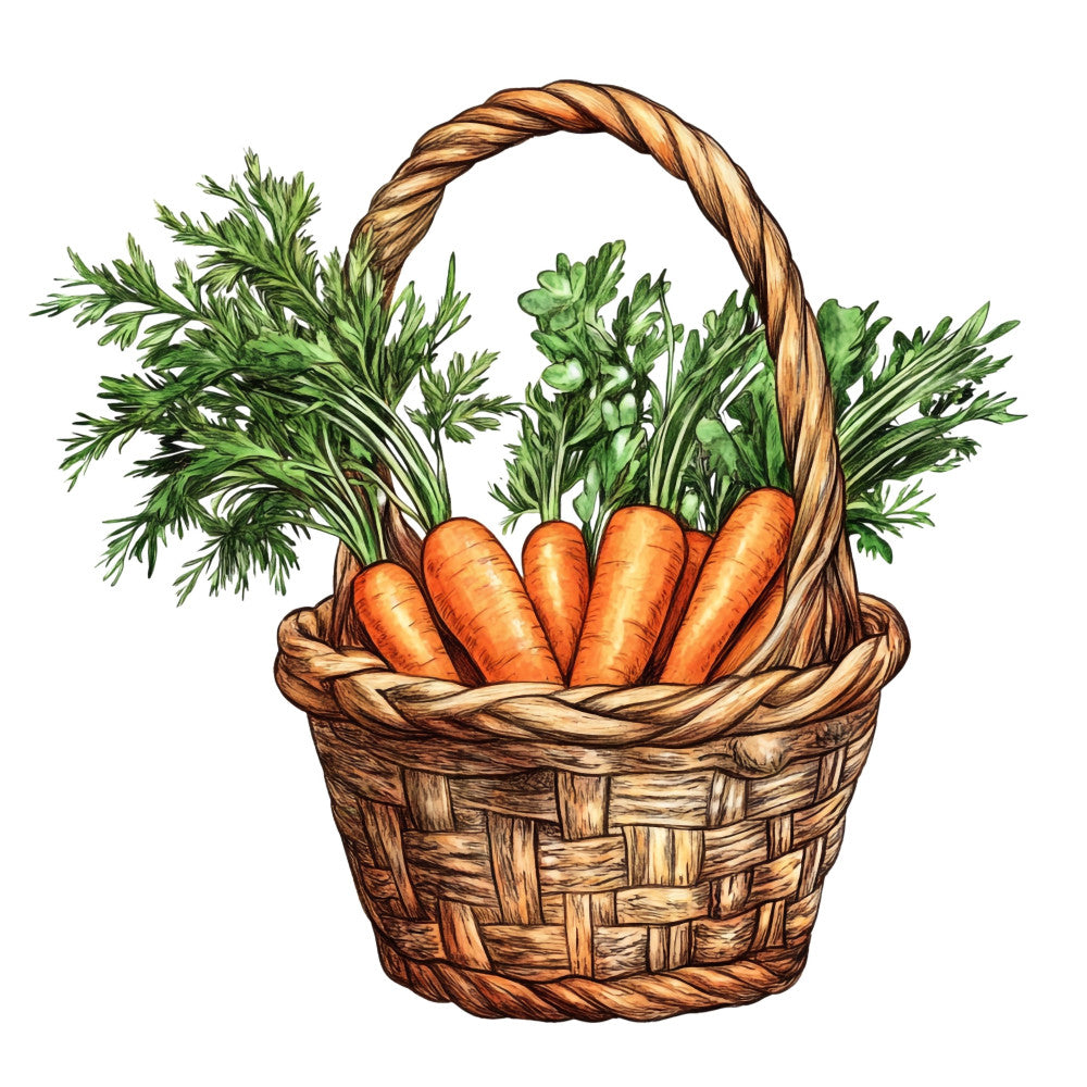 carrots, orange, rust orange, green, cream, woven basket, vegetable, produce, garden, farmhouse, rustic, country, harvest, autumn, fall, spring, summer, kitchen, table runner, home decor, traditional, vintage, natural, earthy, botanical, food theme, cottage style, folk art, illustrated, whimsical