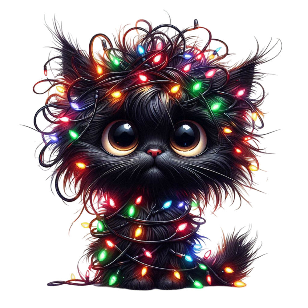 black cat, colorful lights, christmas lights, holiday, festive, whimsical, cute animals, cat lover, multicolor, red lights, green lights, blue lights, orange lights, pink lights, yellow lights, large panel, statement print, fun, playful, modern, illustrated, detailed design, pet themed, christmas themed, winter holiday, bright colors, light strands, decorative, charming, character design