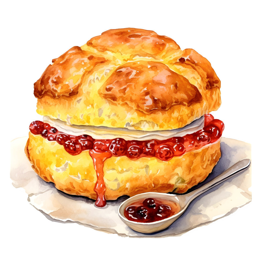 golden brown, cream, red, jam, pastry, food, breakfast, baked goods, croissant, dessert, sweet treats, kitchen, culinary, whimsical, playful, illustrated, food art, bakery, morning, brunch, butter, jam sandwich, berries, delicious, charming, lighthearted, fun, novelty