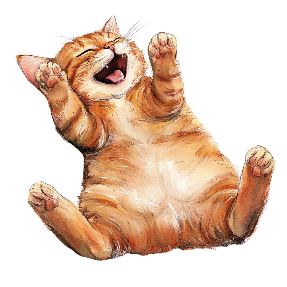 orange tabby cat, ginger cat, laughing cat, happy cat, playful cat, cute animals, pet illustrations, cat lover, orange and cream, warm orange, peachy tan, cream white, watercolor style, whimsical, charming, adorable, humorous, fun, lighthearted, animals, cats, pet themed, novelty print, contemporary, casual style, baby quilt, children's fabric, nursery decor, wall hanging, upholstery