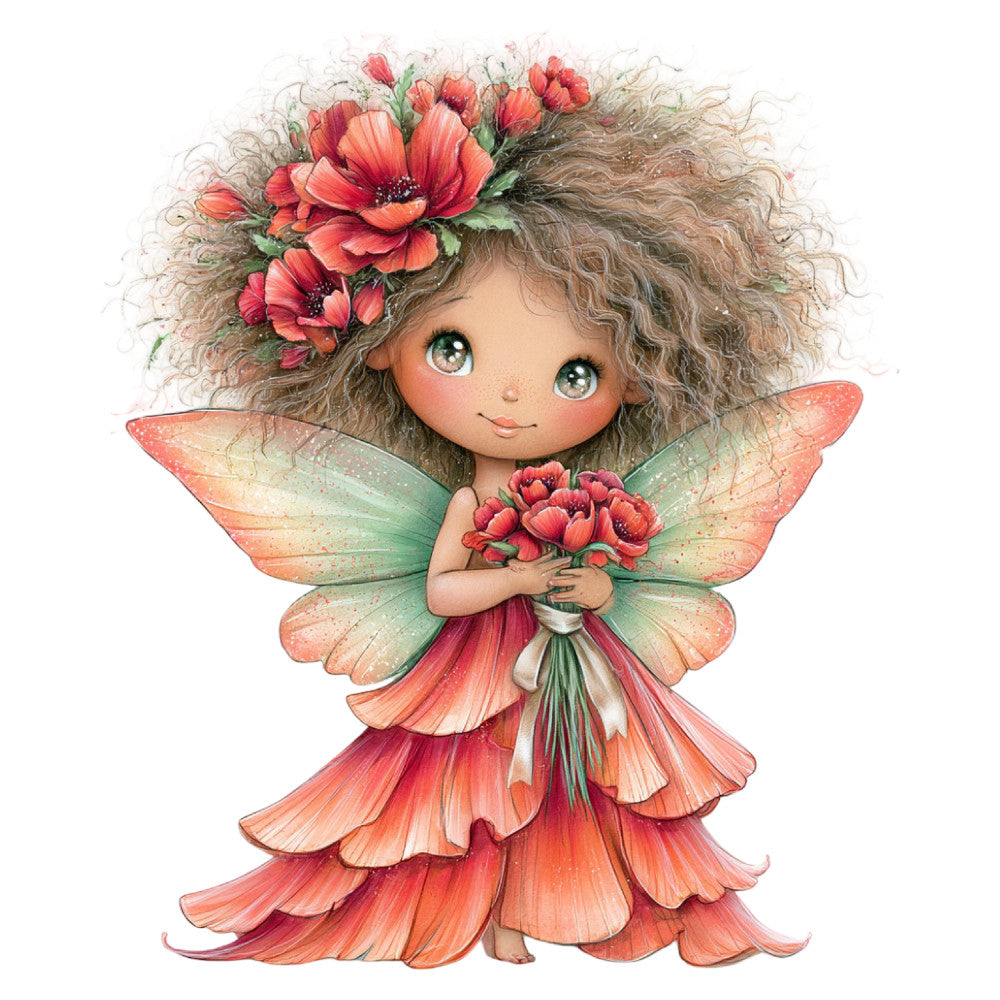 fairy, flower fairy, whimsical, fantasy, magical, wings, fairy wings, flowers, red flowers, coral pink, sage green, peach, rose, delicate, nature, spring, summer, garden, botanical, fairy tale, storybook, children's, cute, sweet, dreamy, enchanted, buttercups, floral, character design, illustration style