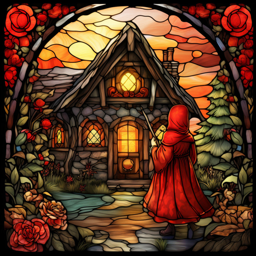 little red riding hood, stained glass style, fairy tale, red cloak, cottage, stone house, warm sunset, orange sky, red roses, floral border, woodland scene, fabric panel, quilting cotton, children's story, fantasy art, golden windows, evergreen tree, story book illustration, whimsical design, art nouveau style
