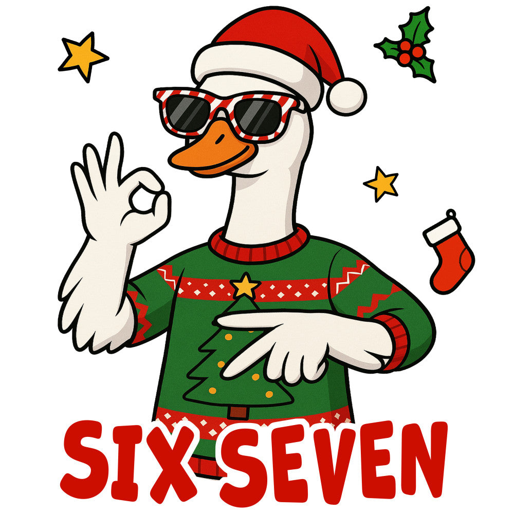 red, green, white, orange, christmas sweater, duck character, santa hat, sunglasses, holly berries, stars, christmas stocking, christmas tree, fabric panel, quilting cotton, holiday theme, cartoon style, festive design, winter clothing, seasonal motif, novelty print