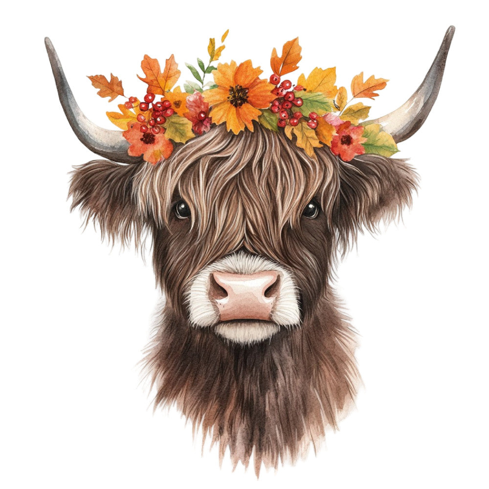 highland cattle, brown, cream, white, tan, rust orange, golden yellow, red berries, autumn flowers, floral, farmhouse, rustic, whimsical, animal, nature, fall, autumn, boho, bohemian, highland cow, horns, long horned cattle, cozy, harvest, seasonal, country, folk art, watercolor style, decorative panel, home decor