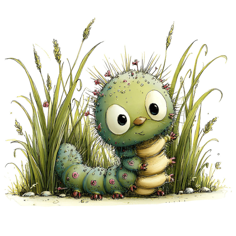 sage green, pale green, cream, tan, beige, soft yellow, dusty rose, mauve, caterpillar, insects, nature, whimsical, cute, children's, baby, garden, grass, botanical, spring, summer, friendly character, playful, storybook, illustration, charming, cottagecore, naturalistic, spiky texture, segmented body, sweet