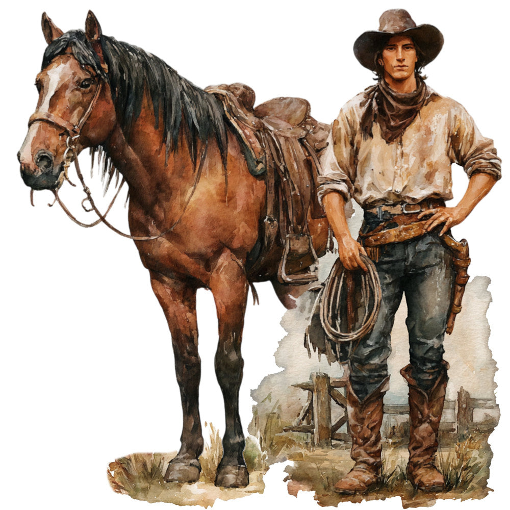 cowboy, western, rustic, vintage, horse, ranch, brown, tan, cream, beige, dust brown, dark brown, black, portrait, figure, men, traditional, americana, country, folk art, illustration, watercolor, scenic, landscape, boots, hat, rope, lasso, old west, settlement