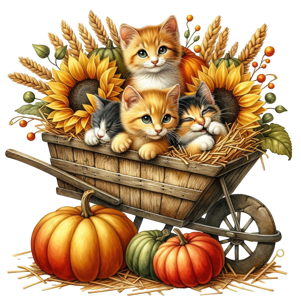 autumn, fall, harvest, kittens, cats, animals, sunflowers, wheat, grain, pumpkins, gourds, rustic, farmhouse, whimsical, cute, golden yellow, burnt orange, forest green, cream, warm tones, nature, seasonal, countryside, wooden wagon, hay, berries, adorable, children's, baby, decorative