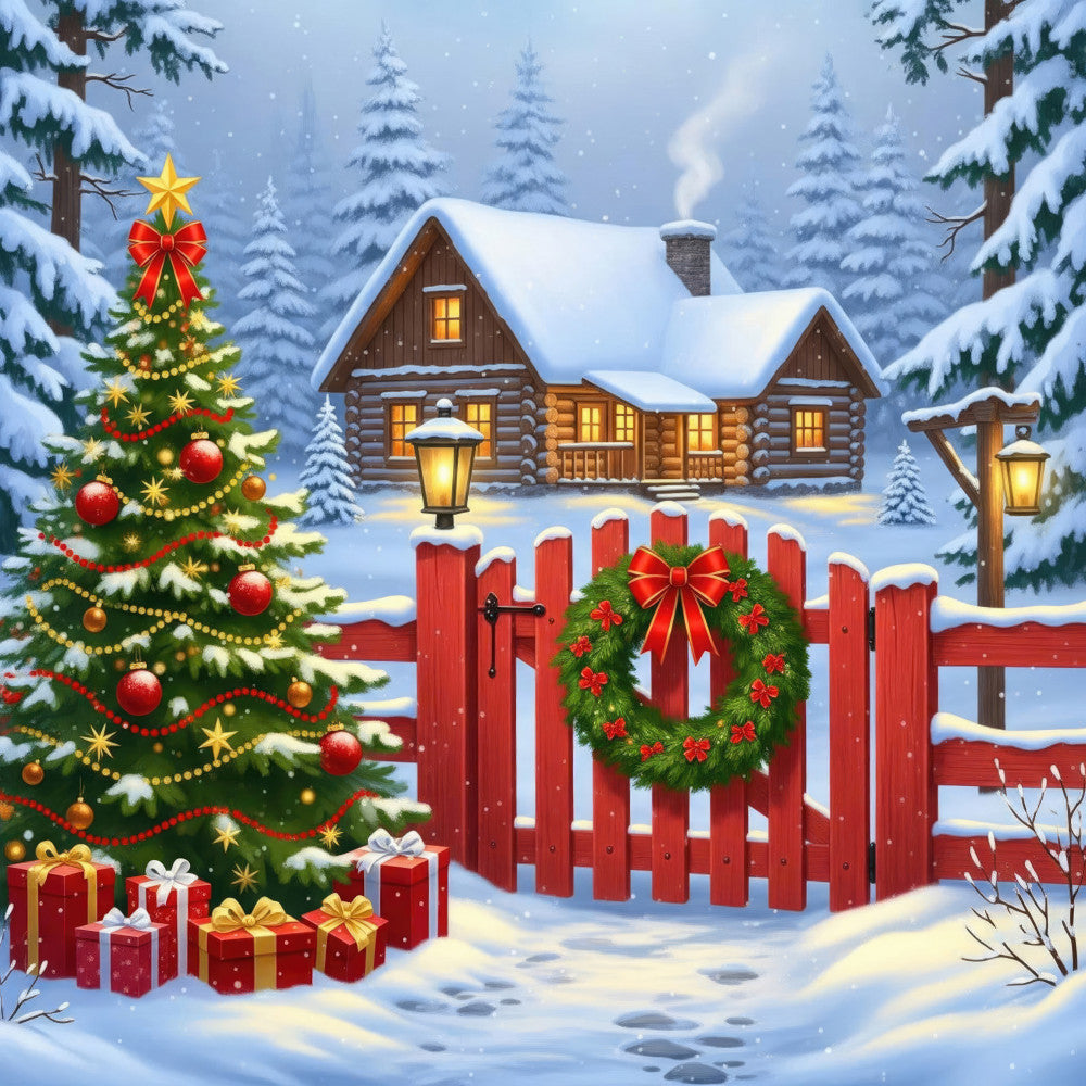 winter scene, christmas, holiday, snow, log cabin, red fence, decorated wreath, christmas tree, ornaments, gold star, gifts, presents, evergreen, festive, red and gold, forest green, warm gold, snowy landscape, rustic cabin, traditional holiday, whimsical, winter landscape, seasonal, home decor, country style, farmhouse, wintery, decorative panel, holiday themed, christmas morning
