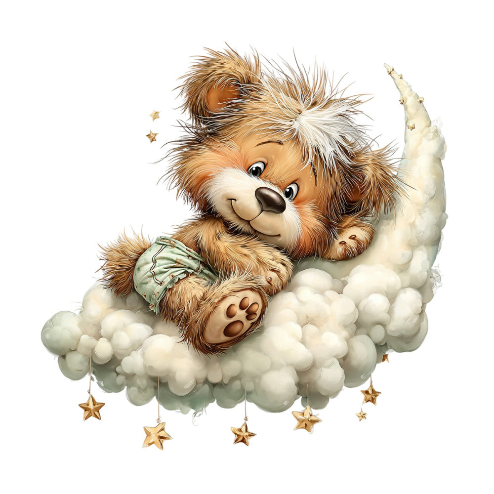 cute animal, teddy bear, brown and cream, ivory white, gold stars, whimsical, children's fabric, baby nursery, sleeping bear, clouds, dreamy, nighttime, celestial, stars, soft colors, pastel, sweet, gentle, baby bedding, crib quilt, nursery decor, lullaby, moon, cozy, snuggly, woodland creature, children's illustration, storybook, sweet dreams, starry night