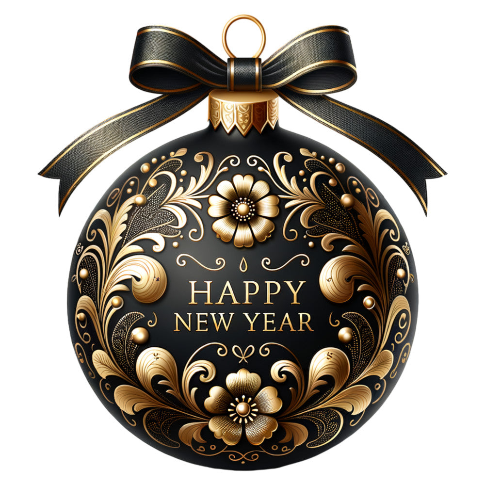 black, gold, bronze, christmas ornament, decorative bow, floral motifs, baroque patterns, scrollwork, ornate design, festive, holiday themed, fabric panel, quilting cotton, elegant style, metallic accents, winter seasonal, ornamental florals, luxurious appearance, sophisticated decor