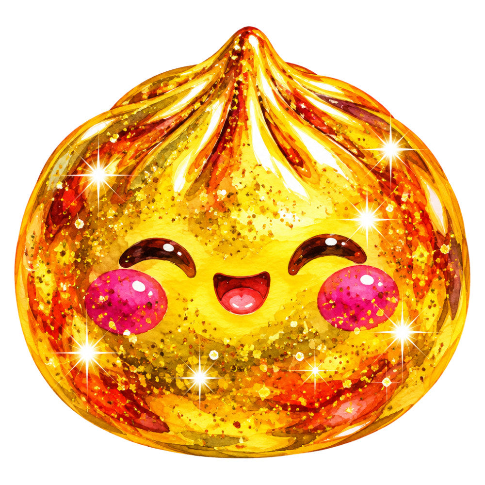 gold, yellow, orange, red, magenta pink, sparkle, glitter, cute face, kawaii, smiling character, happy expression, closed eyes, rosy cheeks, whimsical, playful, children's, kids, novelty, character print, emoji style, autumn, fall, pumpkin, seasonal, decorative, fun, bright, festive, colorful