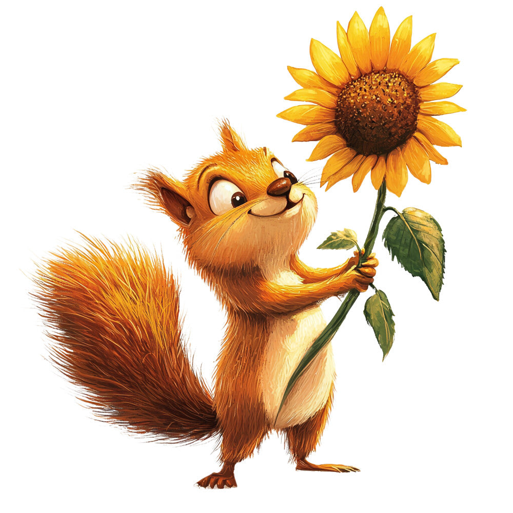 squirrel, sunflower, orange, golden yellow, brown, cream, green leaves, cute animal, cartoon style, whimsical, fabric panel, quilting cotton, nature theme, woodland creature, fluffy tail, cheerful, bright colors, floral elements, children's fabric, autumn colors