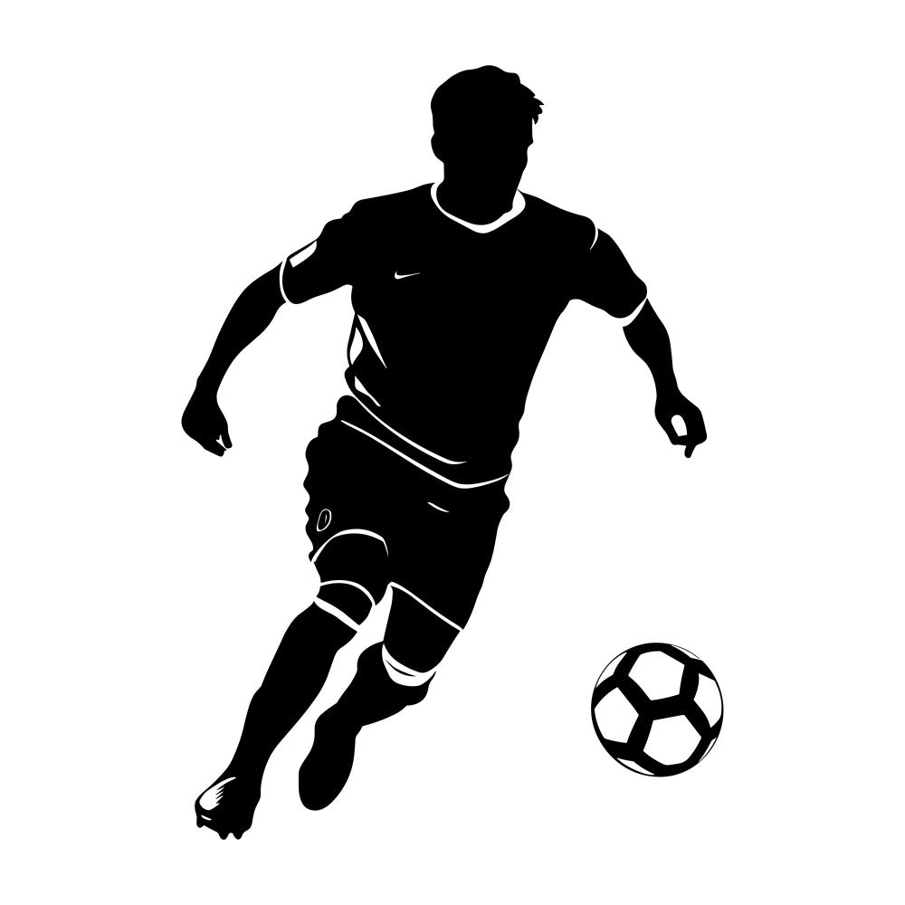 soccer, sports, athletic, black and white, monochrome, silhouette, football, youth sports, boys, men, action, dynamic, modern, contemporary, sports theme, athlete, running, ball, team sports, active wear inspired, graphic, bold, high contrast, casual, sporty style, gift for sports fans, bedroom decor, wall art, sports enthusiast
