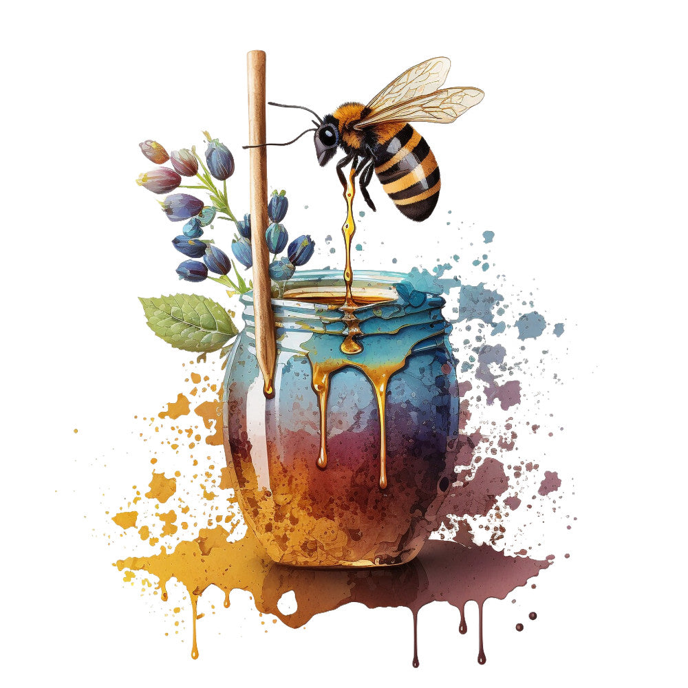 honey bee, watercolor style, amber honey, glass jar, wooden dipper, purple flowers, green leaves, botanical elements, golden yellow, teal blue, brown tones, nature scene, fabric panel, quilting cotton, realistic illustration, dripping honey, floral accents, artistic splashes, bee wings, pollinator theme
