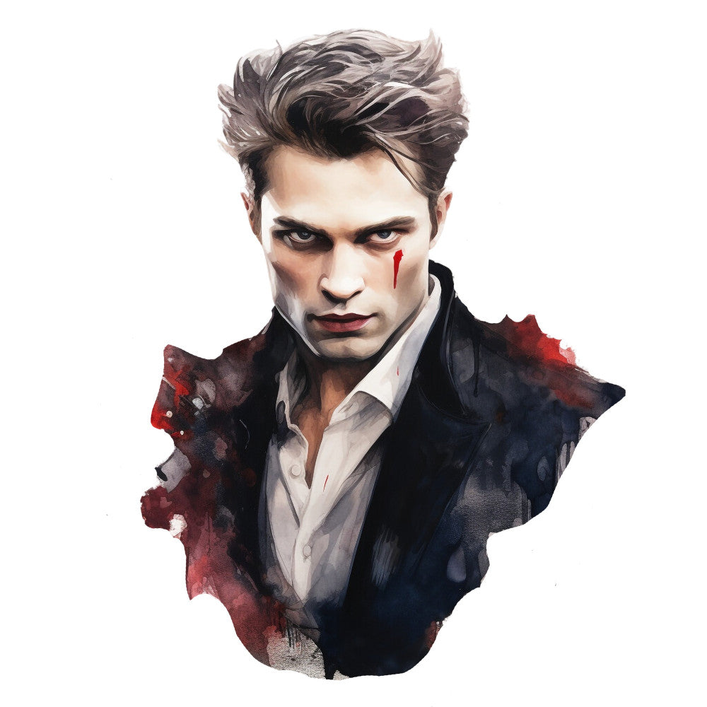 dark portrait, gothic, dramatic, blood red, deep crimson, charcoal black, pale skin tone, moody, vampire aesthetic, mysterious, elegant, sophisticated, dark romance, intense expression, watercolor effect, artistic, contemporary art, fashion illustration, dramatic lighting, shadowy, noir style, theatrical, intense gaze, formal wear, white dress shirt, tailored jacket, edgy, alternative style, dark fantasy, brooding