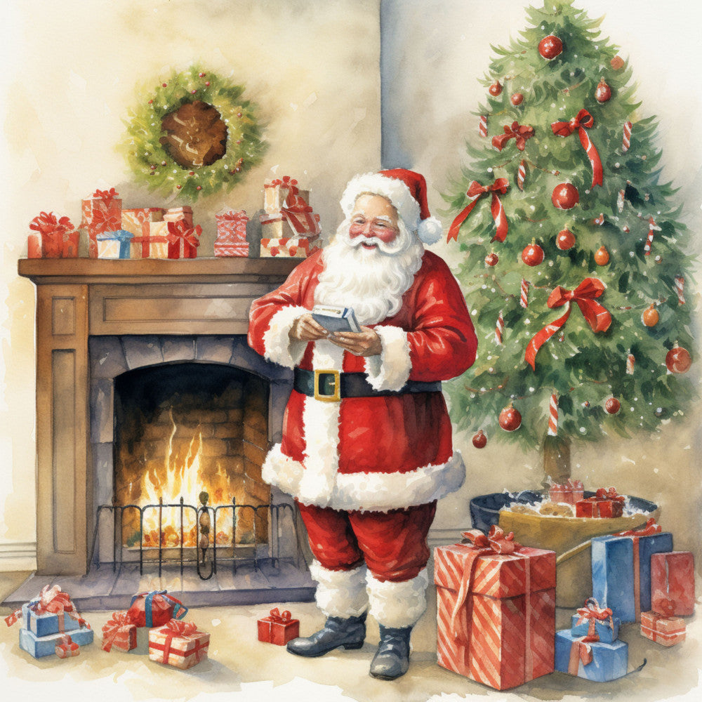 santa claus, christmas tree, fireplace, wrapped gifts, red suit, white beard, festive scene, holiday ornaments, candy canes, red ribbons, green pine tree, warm flames, gift boxes, christmas wreath, fabric panel, quilting cotton, watercolor style, cozy interior, holiday decor, seasonal motif