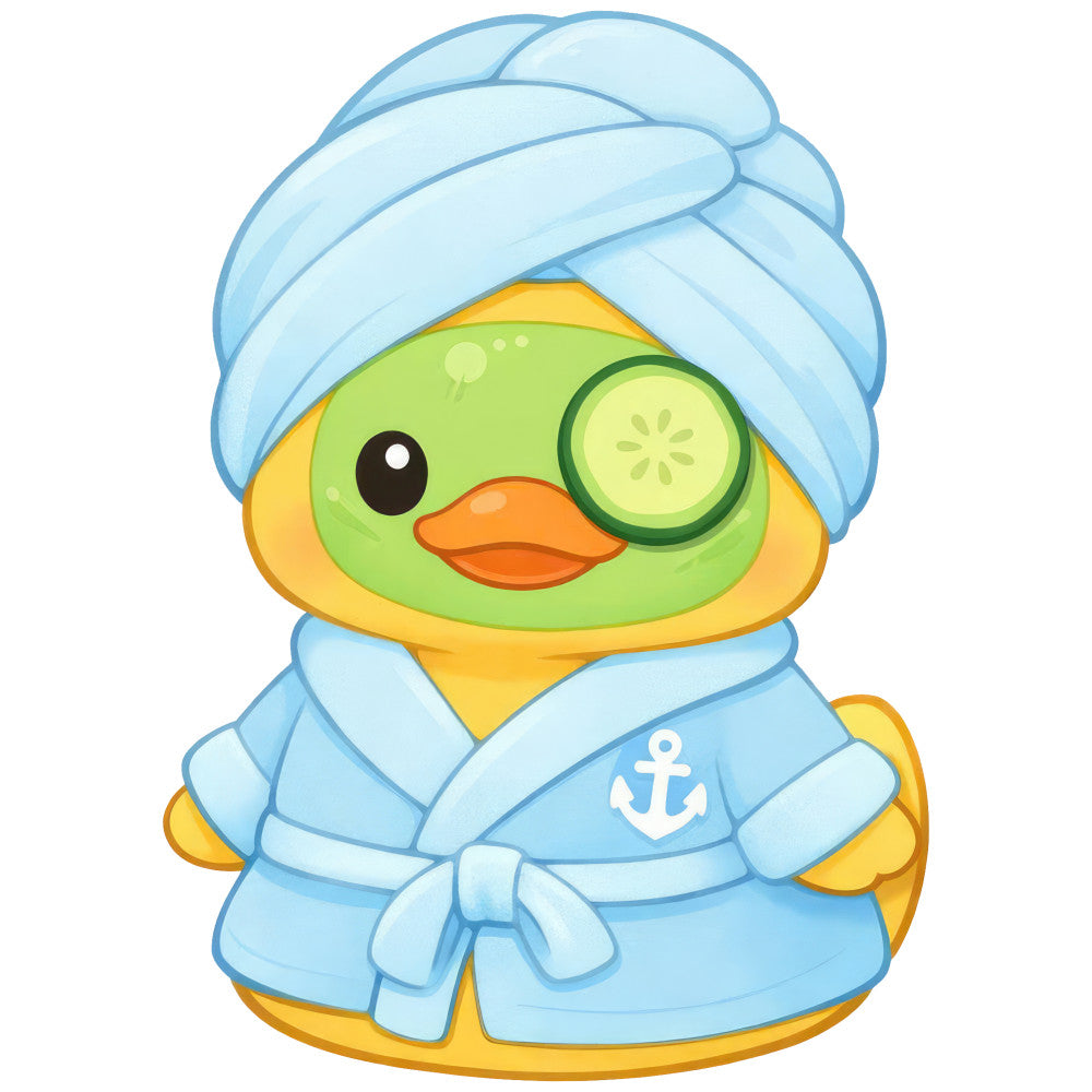 sky blue, light blue, soft yellow, golden yellow, lime green, chartreuse green, orange, white, cute duck, whimsical, playful, nautical, maritime, bath themed, spa themed, bathrobe, towel wrapped, cucumber slice, relaxation, self-care, animal character, cartoon style, children's, baby, cheerful, bright, fun, summer, beach themed, coastal
