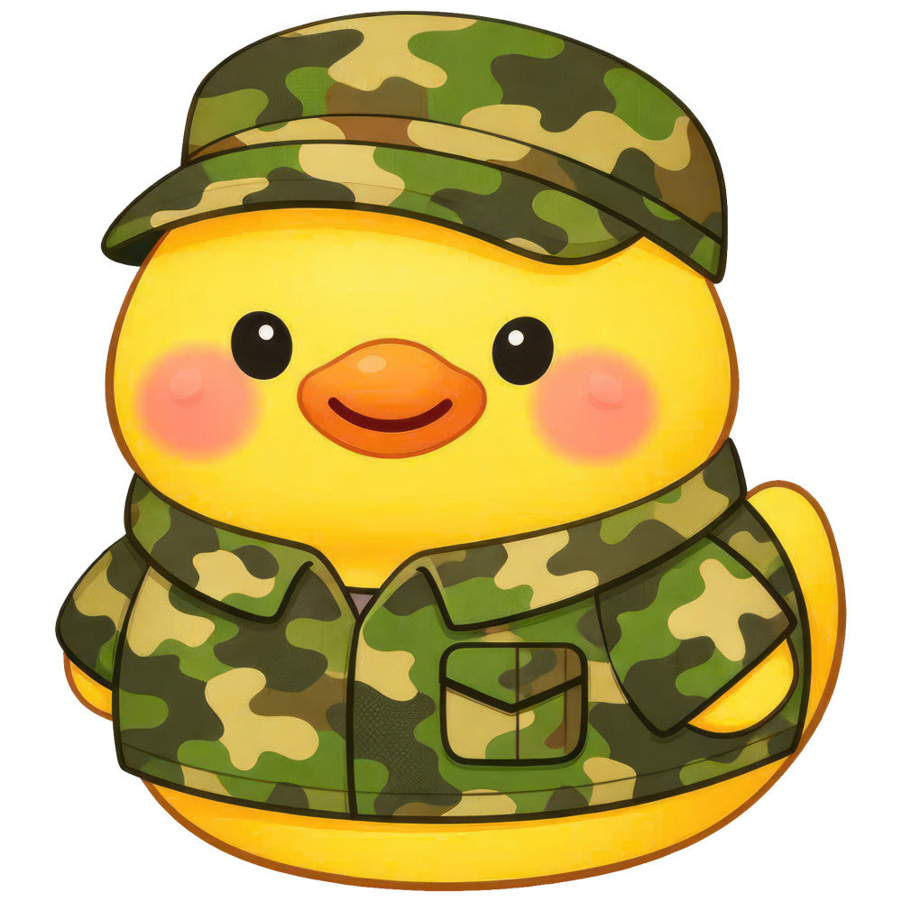 yellow duck, camouflage, military green, cute animals, kawaii, baby themed, nursery, whimsical, adorable, soldier duck, army print, camo pattern, cheerful, children's, playful, spring, summer, gender neutral, sweet face, rosy cheeks, orange beak, olive green, tan, woodland, novelty print, character panel, decorative, fun, lighthearted