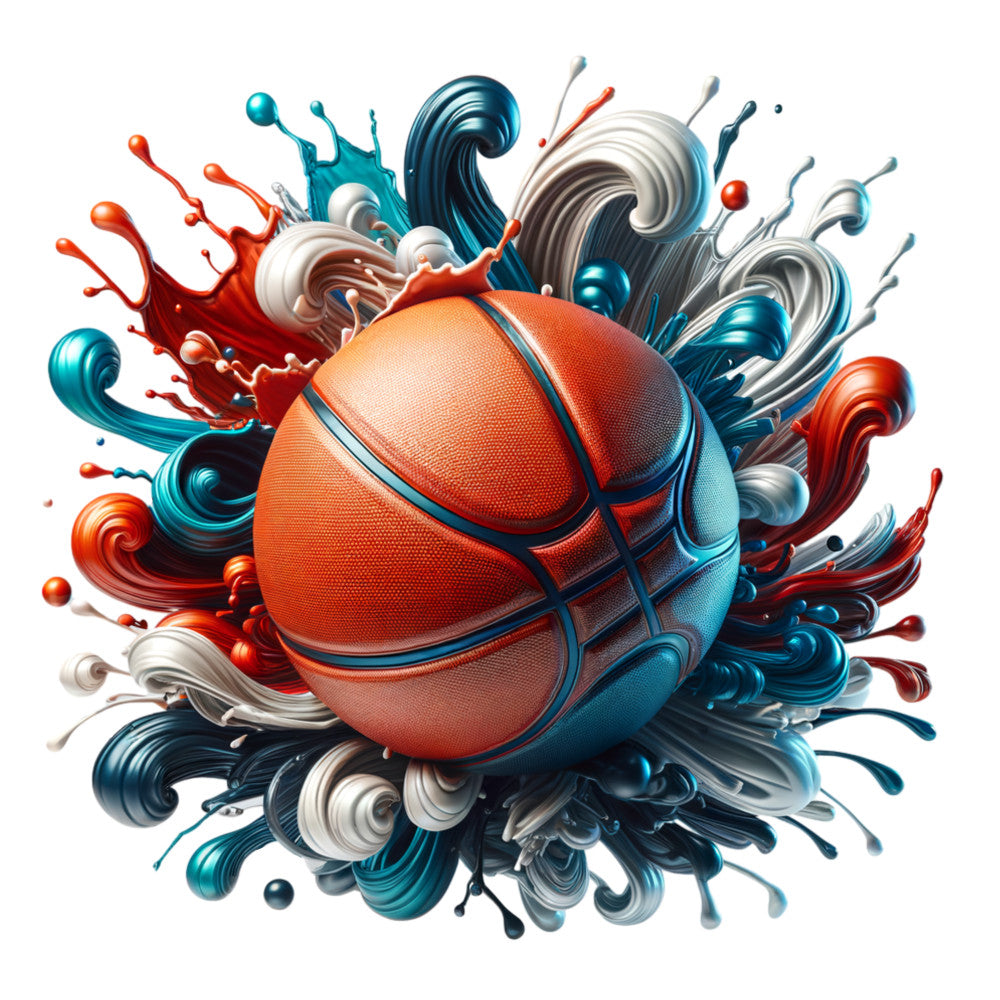 basketball, watercolor style, orange, teal, blue, red, white, splash effects, sports theme, dynamic movement, fabric panel, quilting cotton, athletic, energetic, paint splashes, decorative swirls, modern art, vibrant colors, motion design, crafting material