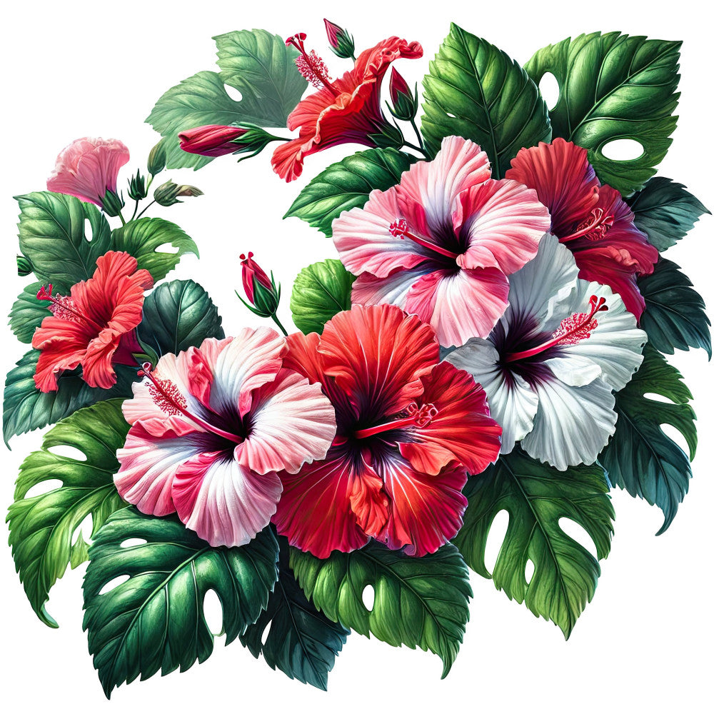 hibiscus, tropical flowers, pink hibiscus, red hibiscus, white hibiscus, deep red, coral red, soft pink, white flowers, green leaves, dark green foliage, floral pattern, botanical, nature theme, tropical theme, summer, spring, elegant, vibrant, bold florals, large scale flowers, colorful, multi-colored, garden flowers, lush, romantic, wall hanging, home decor