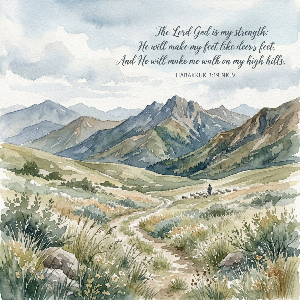 mountain landscape, scenic vista, watercolor, pastoral scene, rolling hills, peaks, nature inspired, inspirational quote, scripture, spiritual, religious, sage green, dusty blue, cream, tan, beige, golden brown, naturalistic, traditional, rustic, farmhouse, countryside, shepherd, sheep, grazing animals, wildflowers, meadow, footpath, scenic, peaceful