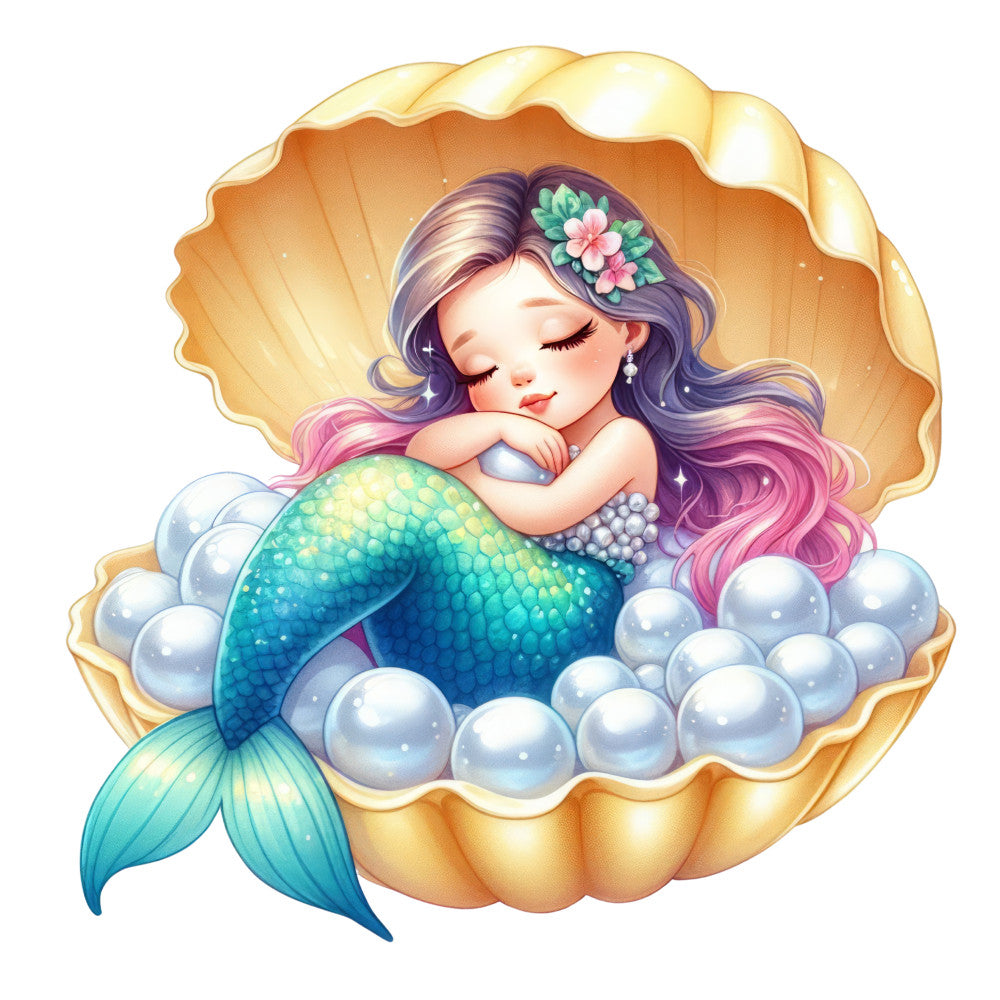 mermaid, sleeping, seashell, pearls, turquoise, teal, purple hair, pink highlights, floral crown, underwater scene, fantasy, whimsical, cute, anime style, fabric panel, quilting cotton, ocean theme, magical, pastel colors, golden shell, bubbles, peaceful expression